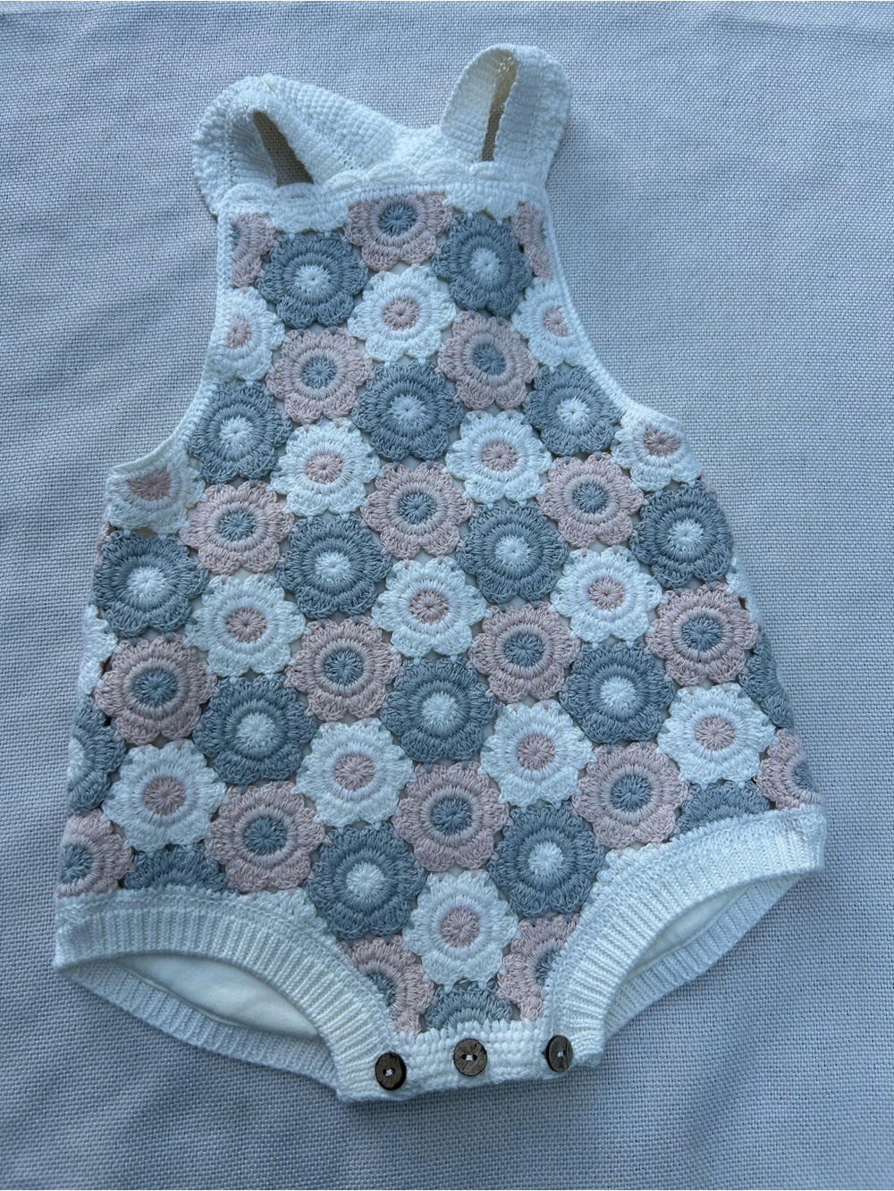 Crocheted Flower Bubble Romper in White, Gray & Pink
